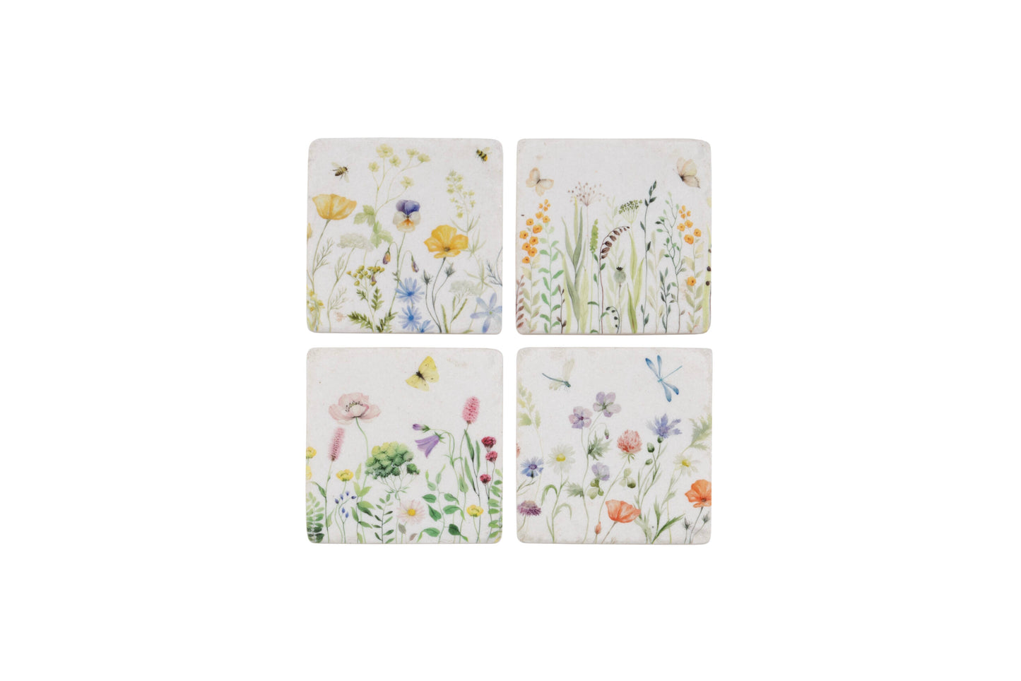 Set 4 French Ceramic Tile Coasters Spring Flower Style Design