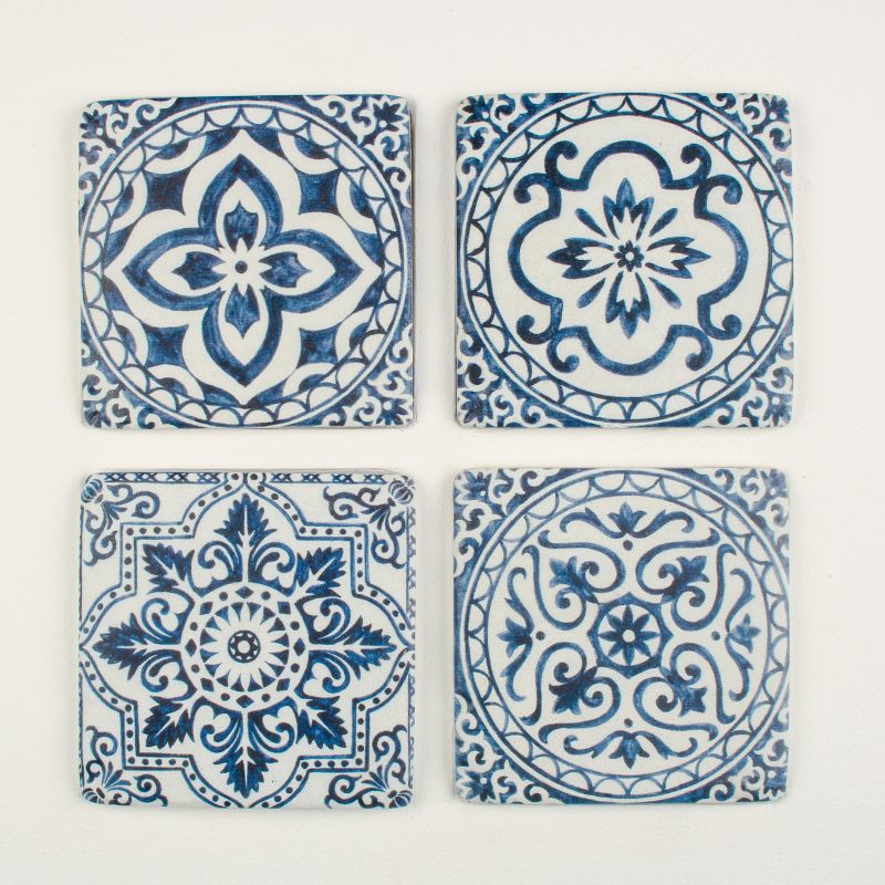 Set of 4 Ceramic Coaster in a Greek Blue and White Santorini Design