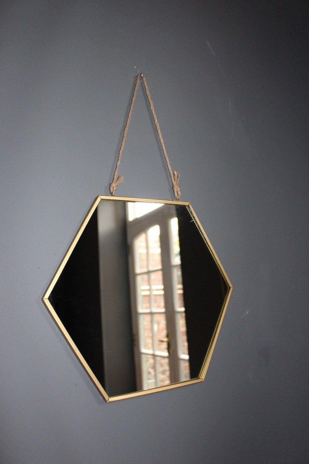 Gold Mirror Hexagonal with Rustic Hanging Rope