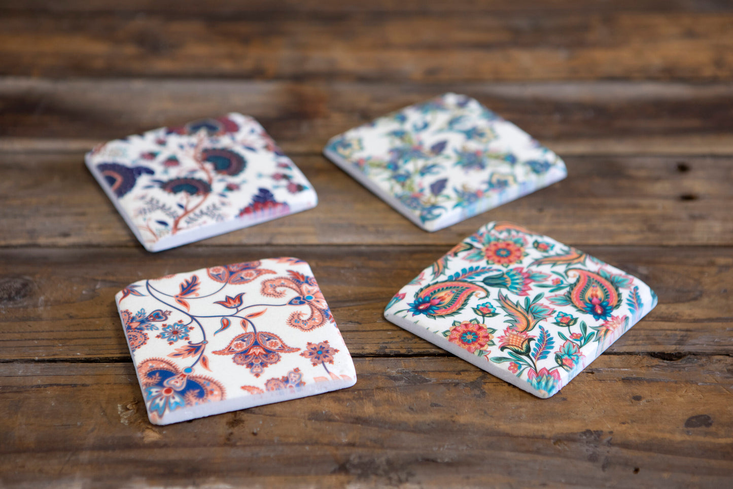 Set 4 French Shabby Chic Ceramic Tile Coasters Paisley Style Design