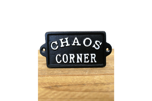 Cast Iron CHAOS CORNER Sign Black and White Metal Vintage