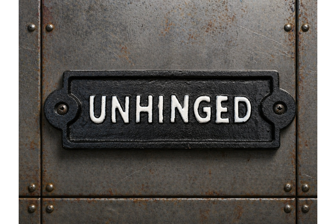Cast Iron UNHINGED Sign Black and White Metal Vintage Style Sign