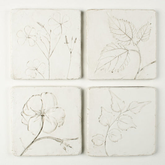 Flower and Leaf Set of 4 Ceramic Coasters Set – 10cm with Cork Back