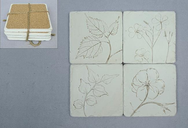 Flower and Leaf Set of 4 Ceramic Coasters Set – 10cm with Cork Back