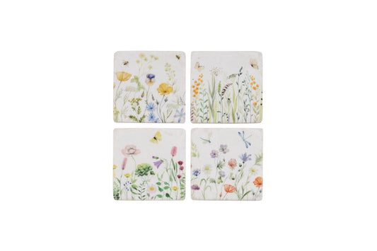 Set 4 French Ceramic Tile Coasters Spring Flower Style Design