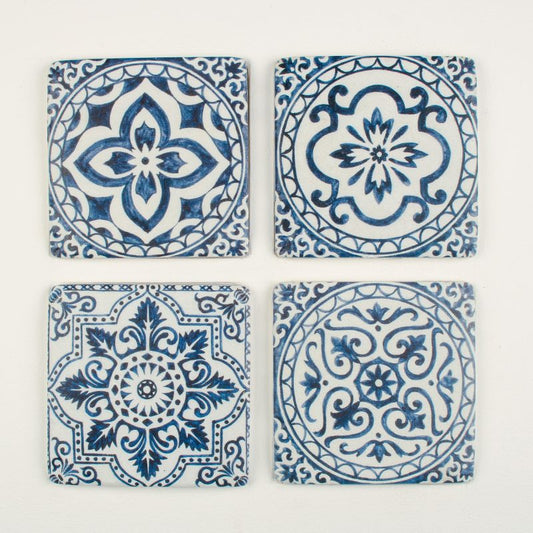 Set of 4 Ceramic Coaster in a Greek Blue and White Santorini Design
