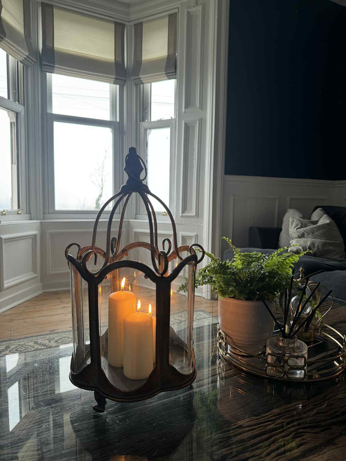Large Gold Metal and Glass Antique Style Candle Holder