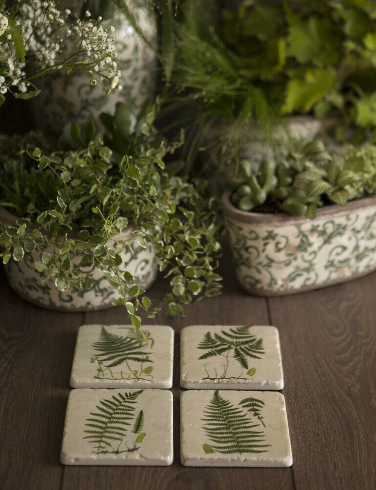 Set 4 French Shabby Chic Ceramic Tile Coasters in a Green Fern Design