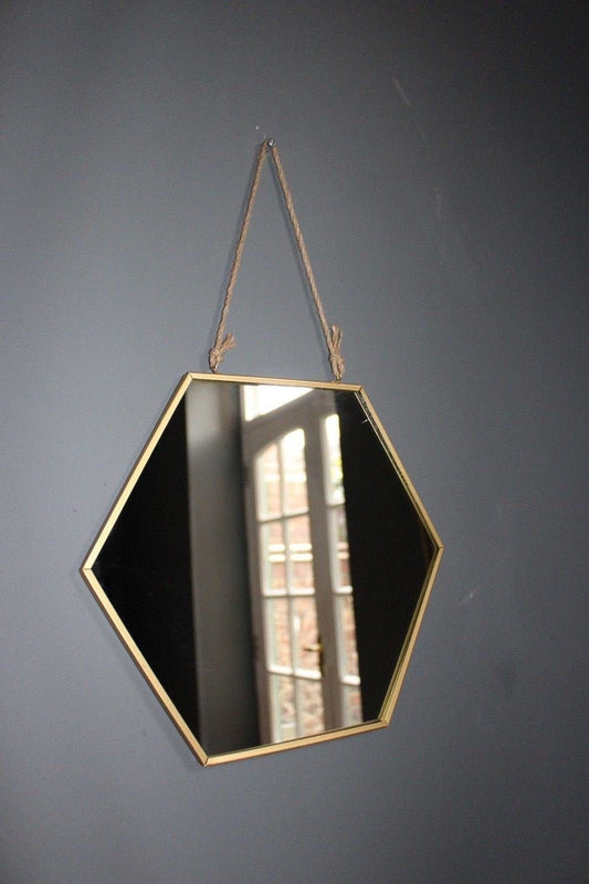 Gold Mirror Hexagonal with Rustic Hanging Rope