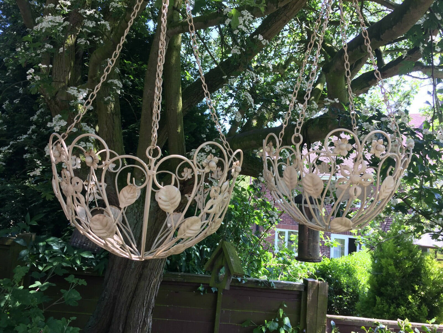 Set of 2 Cream Hanging Baskets Metal Ornate Shabby Chic Vintage