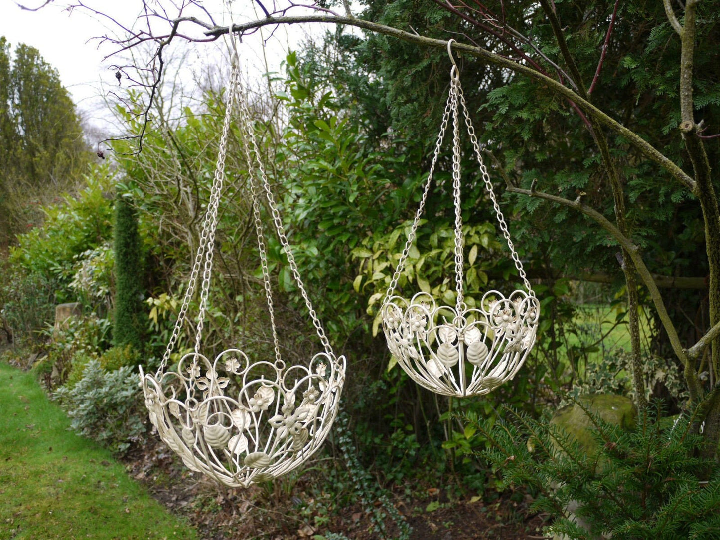 Set of 2 Cream Hanging Baskets Metal Ornate Shabby Chic Vintage