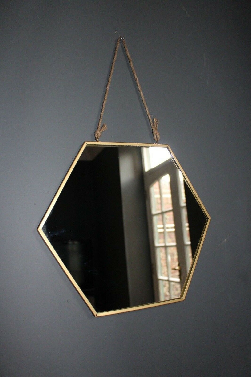 Gold Mirror Hexagonal with Rustic Hanging Rope