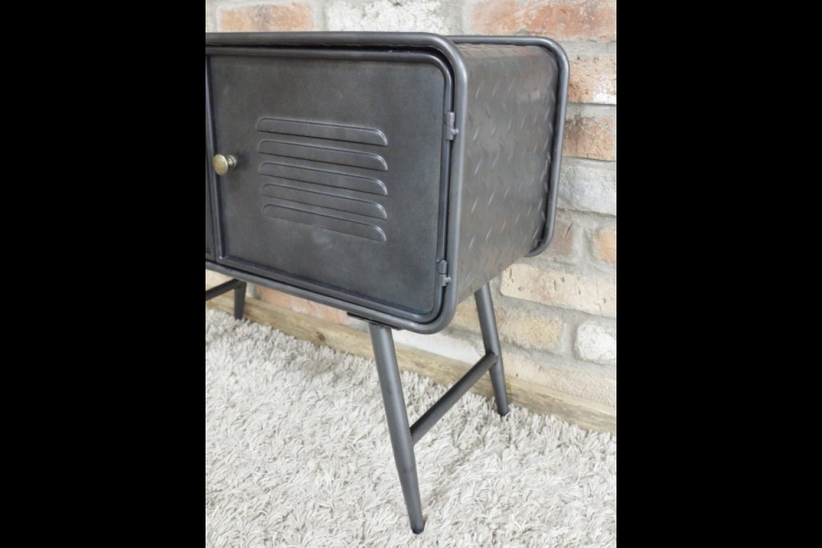 Industrial 2 Door Metal Cabinet Media Storage Unit Vintage Side End Lamp Table