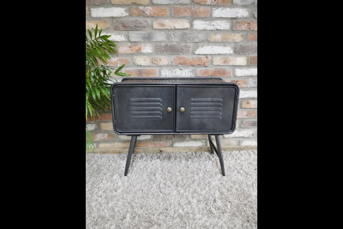 Industrial 2 Door Metal Cabinet Media Storage Unit Vintage Side End Lamp Table