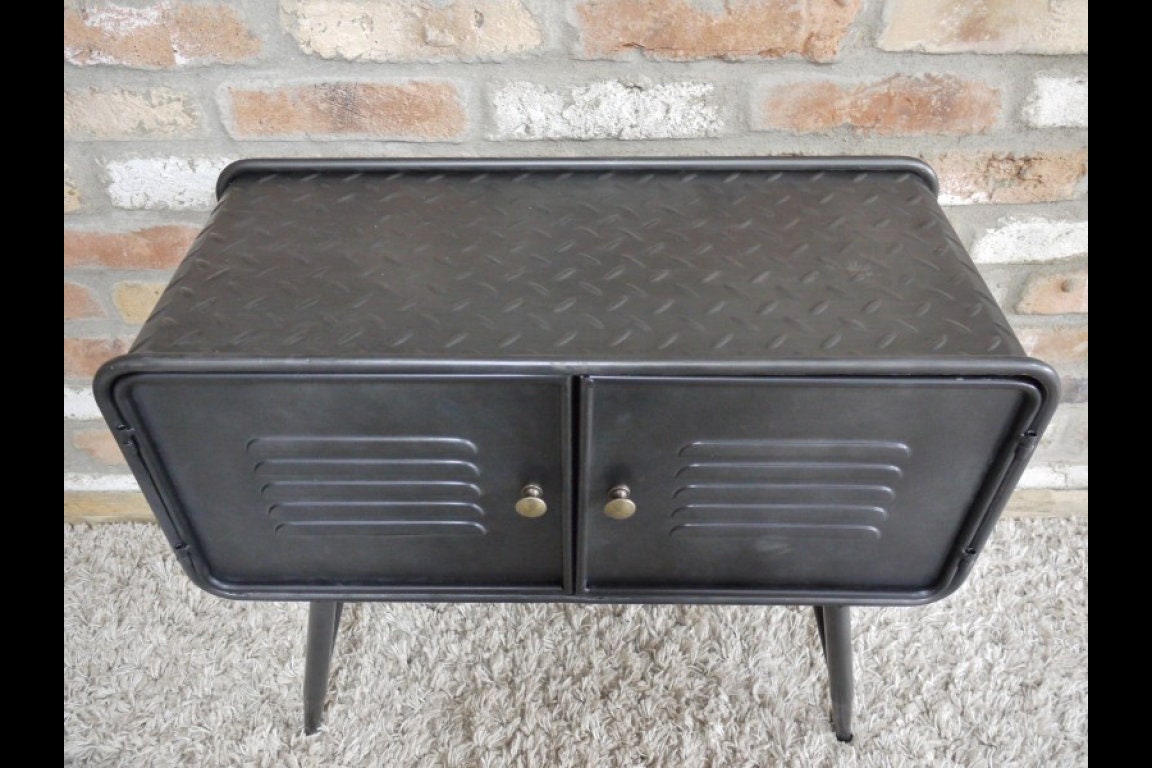 Industrial 2 Door Metal Cabinet Media Storage Unit Vintage Side End Lamp Table