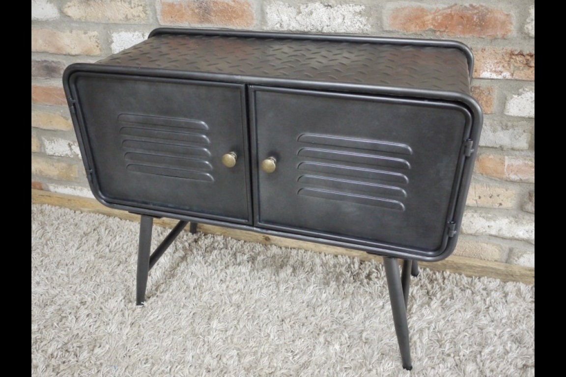 Industrial 2 Door Metal Cabinet Media Storage Unit Vintage Side End Lamp Table