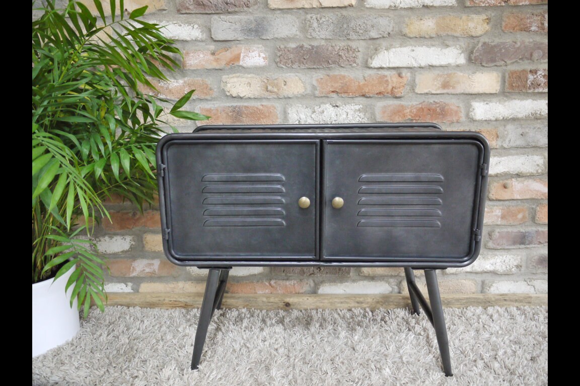 Industrial 2 Door Metal Cabinet Media Storage Unit Vintage Side End Lamp Table