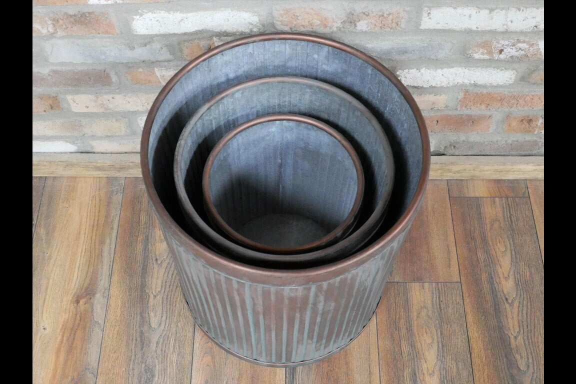 Set of 3 Metal Planters Tubs with Vintage Aged Copper Finish