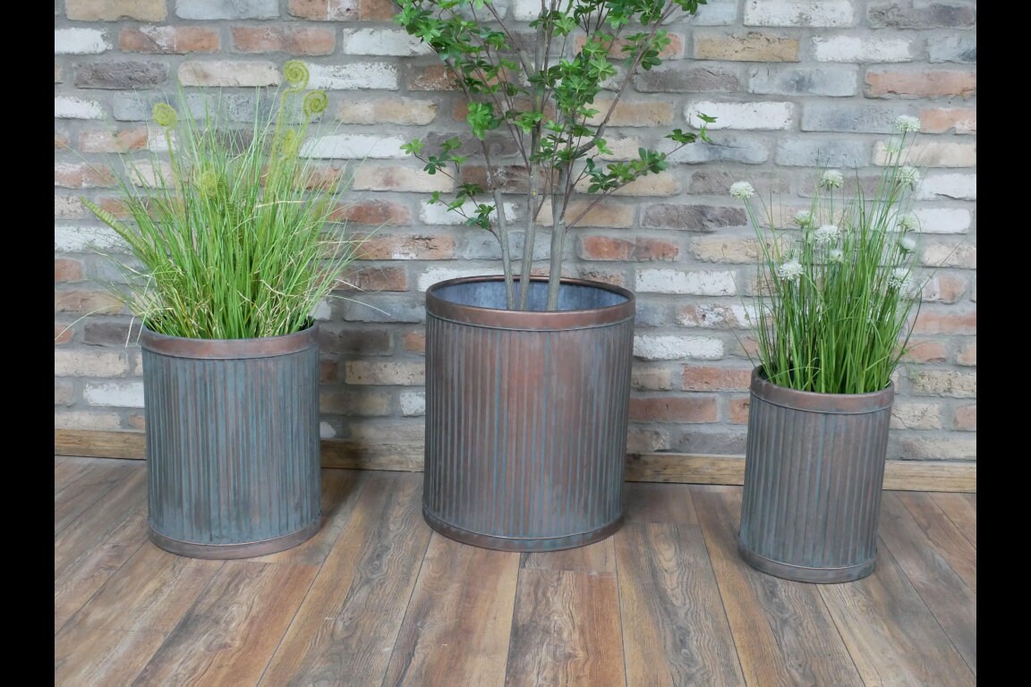 Set of 3 Metal Planters Tubs with Vintage Aged Copper Finish