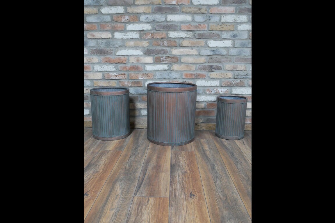 Set of 3 Metal Planters Tubs with Vintage Aged Copper Finish