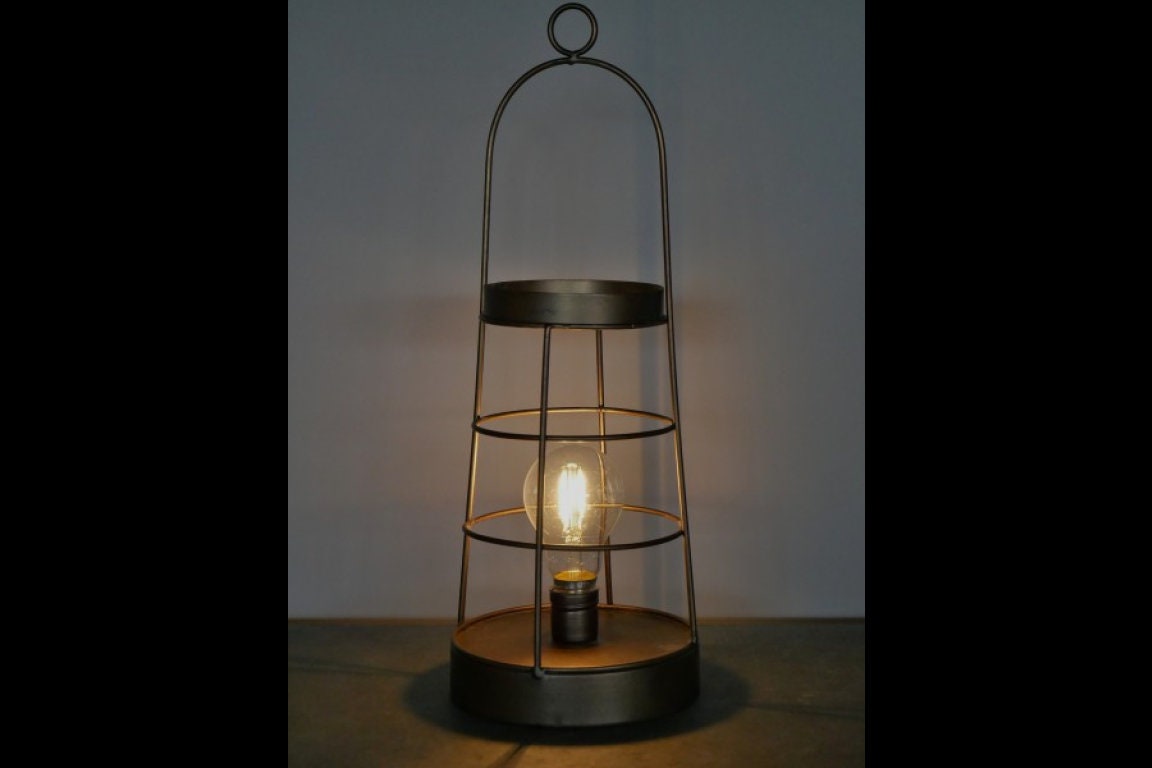 Vintage Industrial Antique Bronze Battery Powered Caged Metal LED Lantern