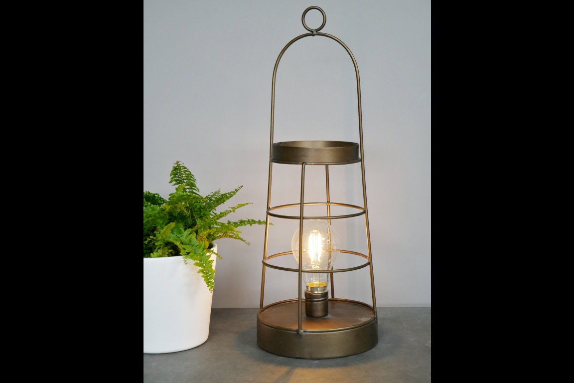 Vintage Industrial Antique Bronze Battery Powered Caged Metal LED Lantern