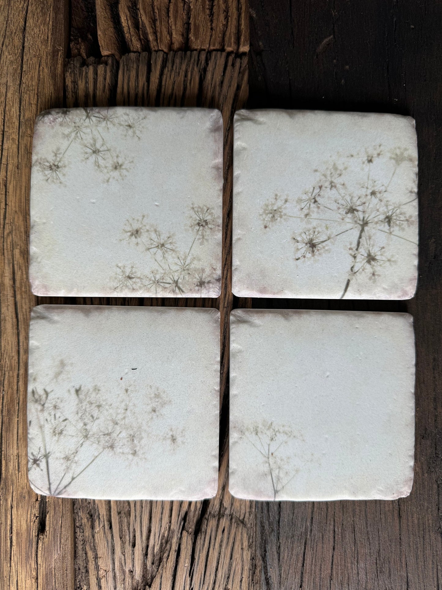 Set 4 French Shabby Chic Ceramic Tile Coasters White Gypsophilia Floral Design