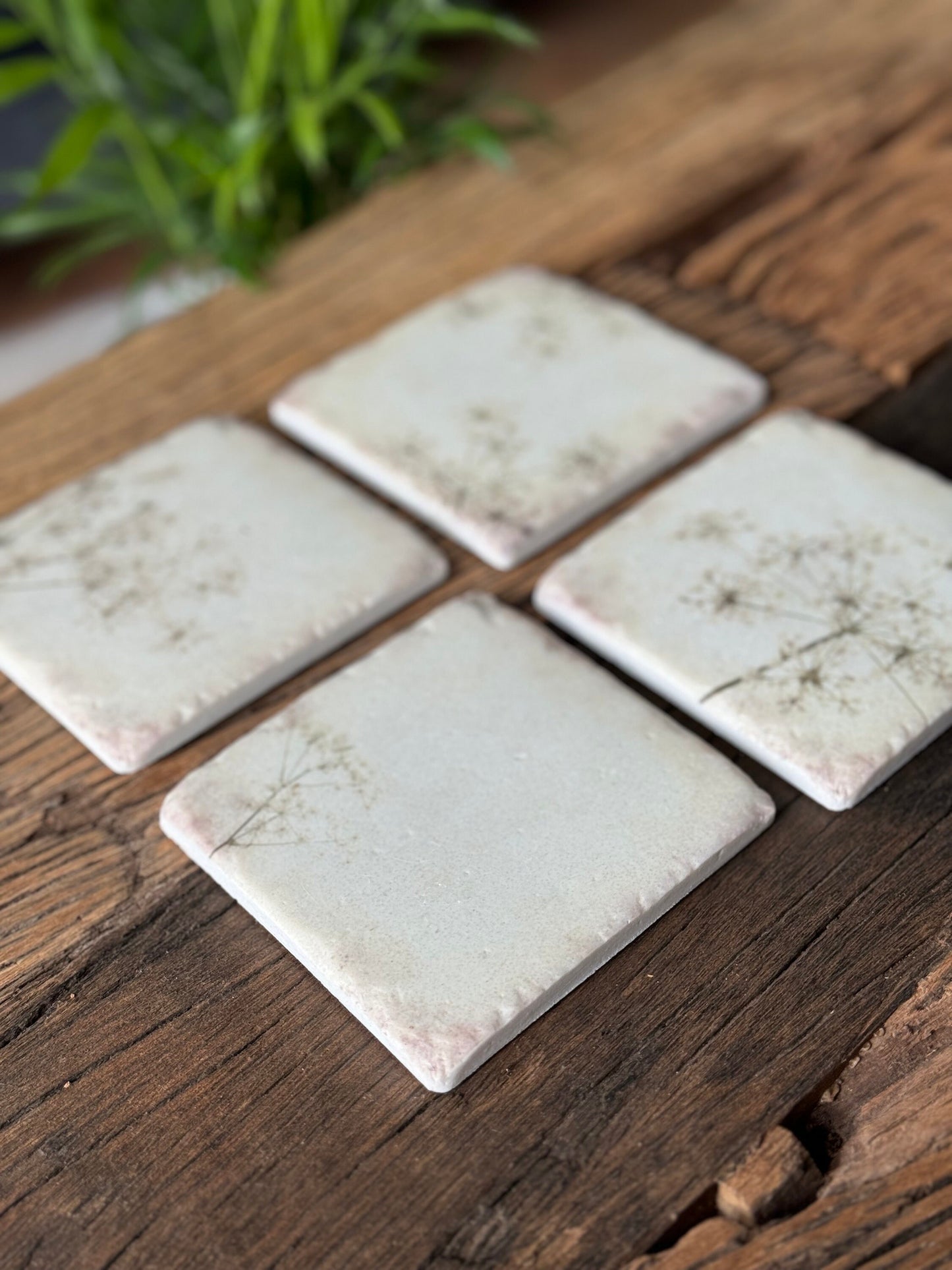 Set 4 French Shabby Chic Ceramic Tile Coasters White Gypsophilia Floral Design