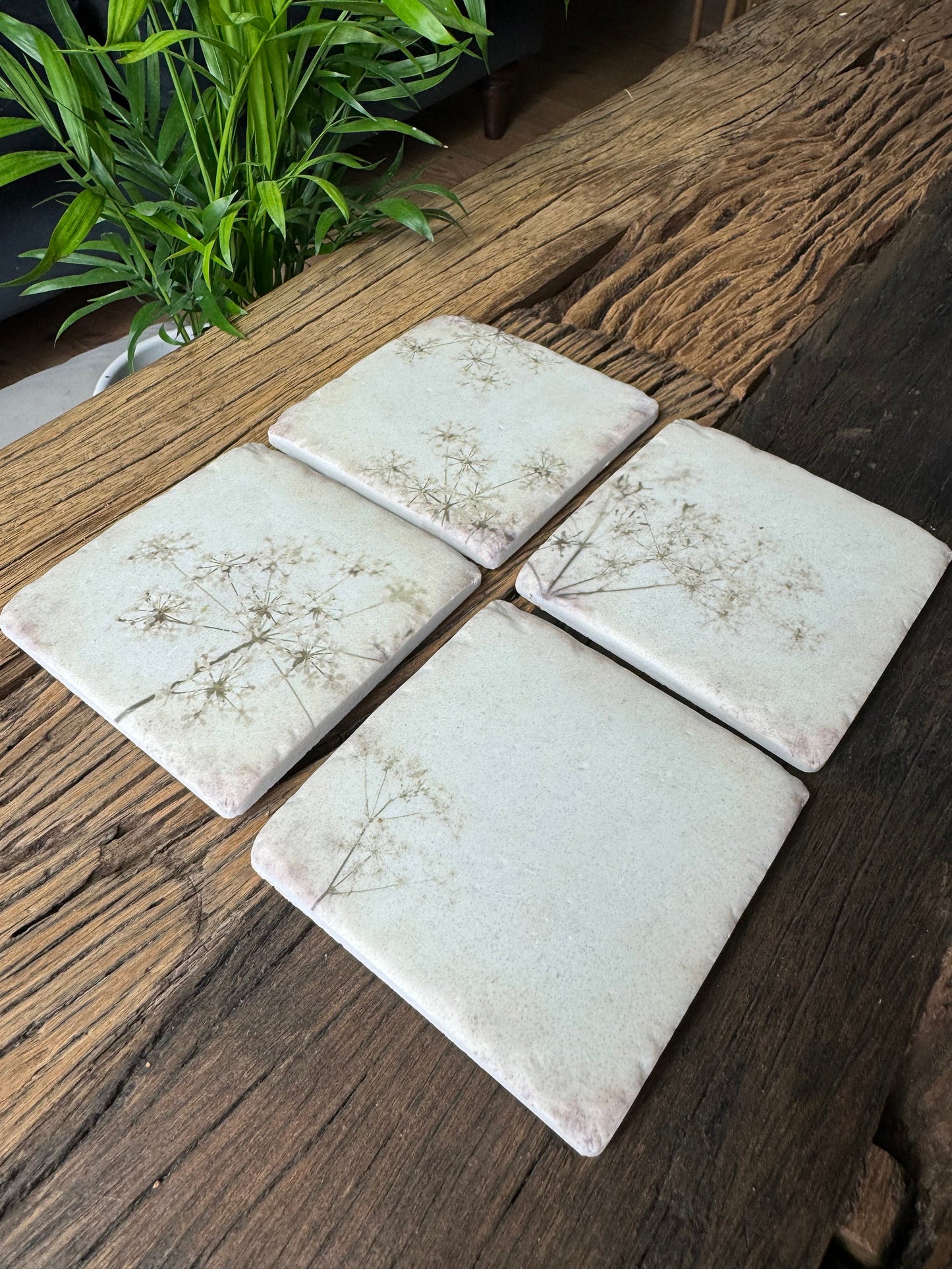 Set 4 French Shabby Chic Ceramic Tile Coasters White Gypsophilia Floral Design