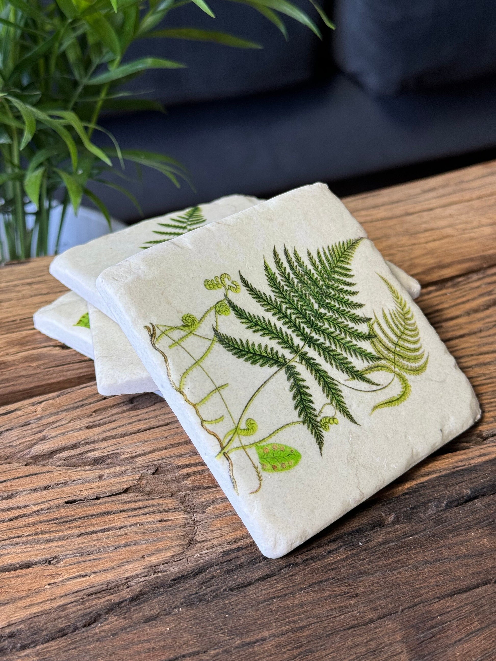 Set 4 French Shabby Chic Ceramic Tile Coasters in a Green Fern Design