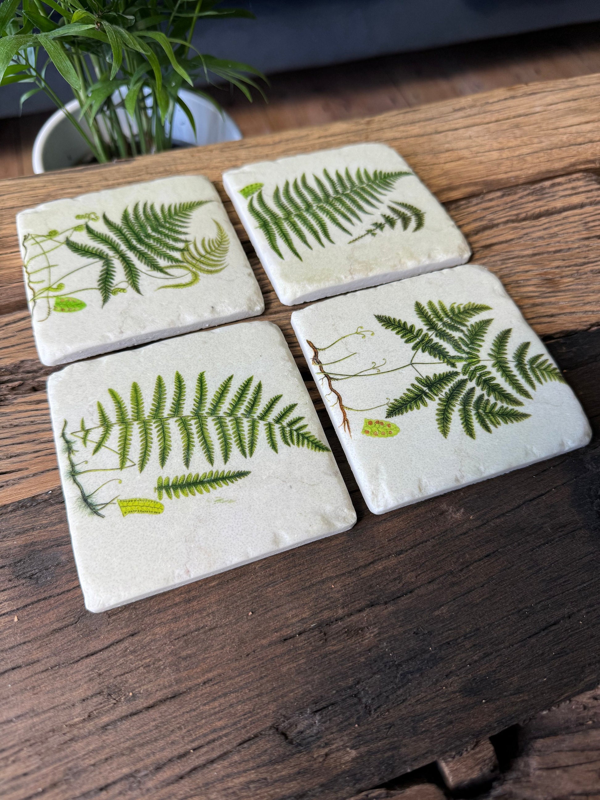 Set 4 French Shabby Chic Ceramic Tile Coasters in a Green Fern Design