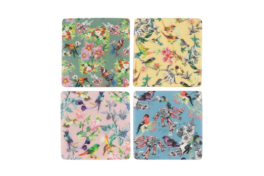 Set 4 French Shabby Chic Ceramic Tile Coasters Floral Bird Design