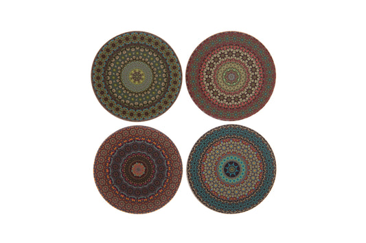 Set 4 Asian Mandala Round Ceramic Coasters with Cork Back