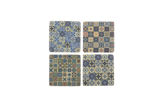 Set 4 French Shabby Chic Ceramic Tile Coasters Blue Patchwork Design