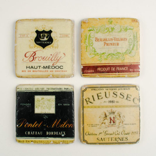 Set 4 French Shabby Chic Ceramic Tile Coasters in a French Wine Label Design